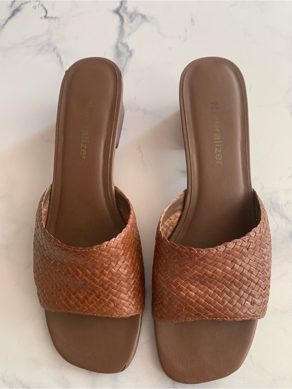 Naturalizer Women's Brown Leather Woven Strap Slide Sandals Slip-On Casual 8.5